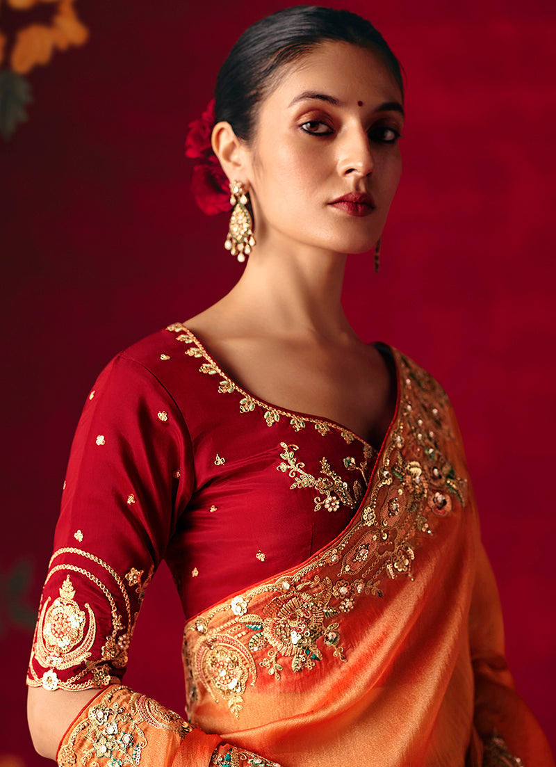 Rust Fancy Embroidered Thread Work Classic Saree