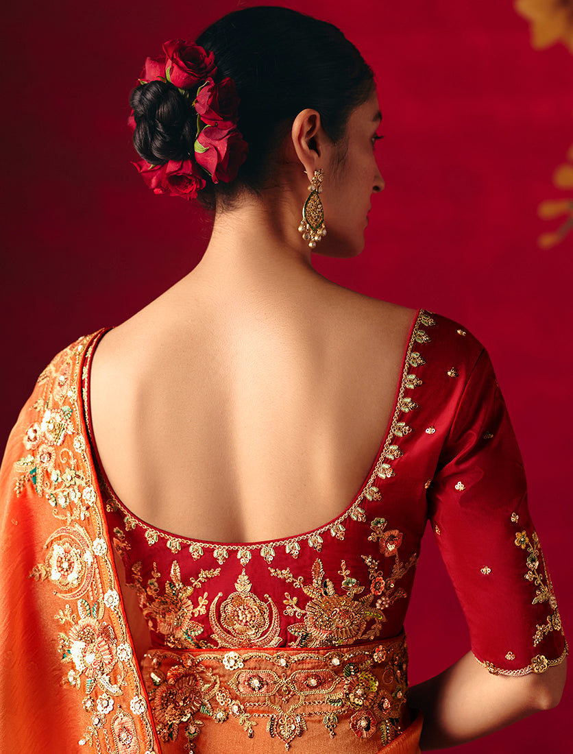 Rust Fancy Embroidered Thread Work Classic Saree