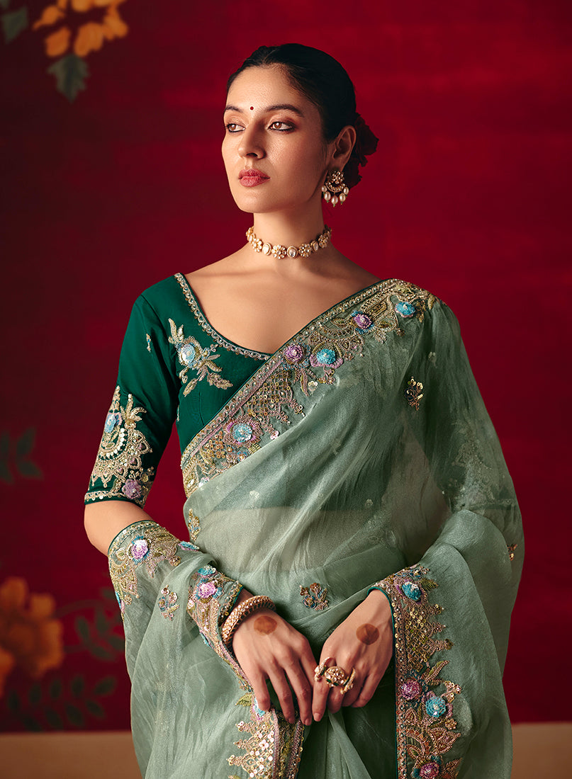 Sea Green Fancy Fabric Saree with Embroidered Sequins Thread Work