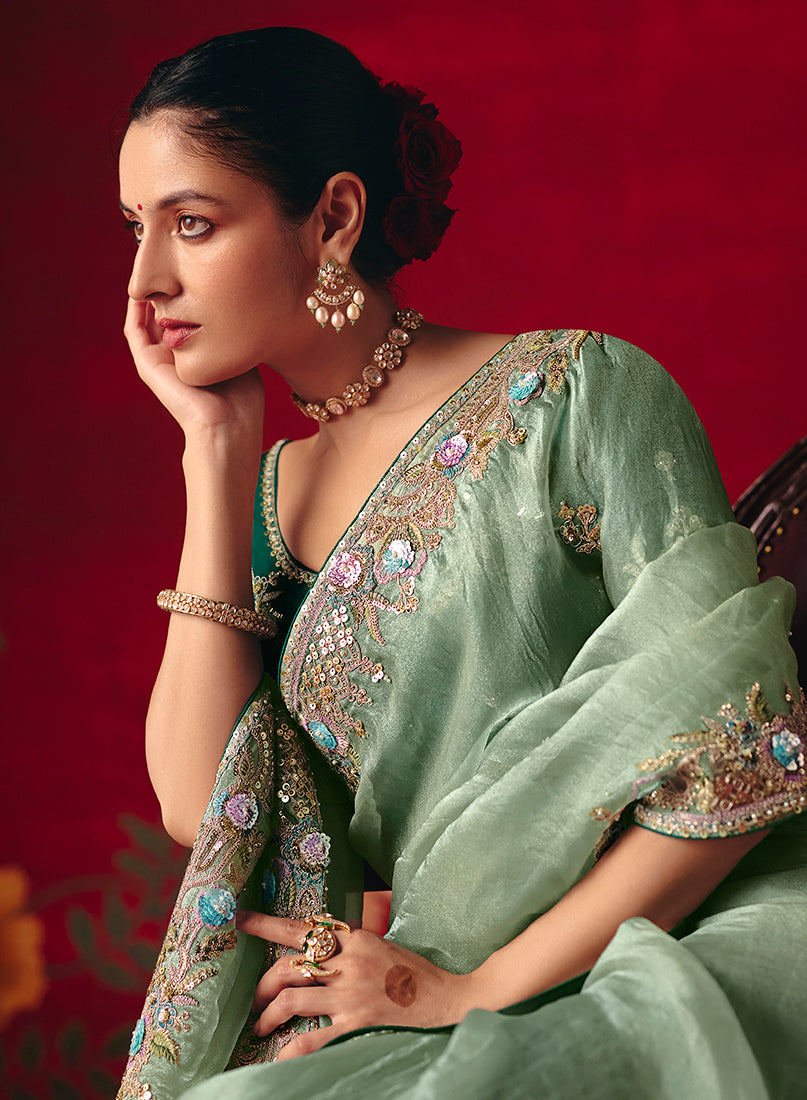 Sea Green Fancy Fabric Saree with Embroidered Sequins Thread Work
