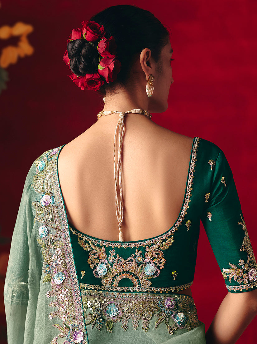 Sea Green Fancy Fabric Saree with Embroidered Sequins Thread Work