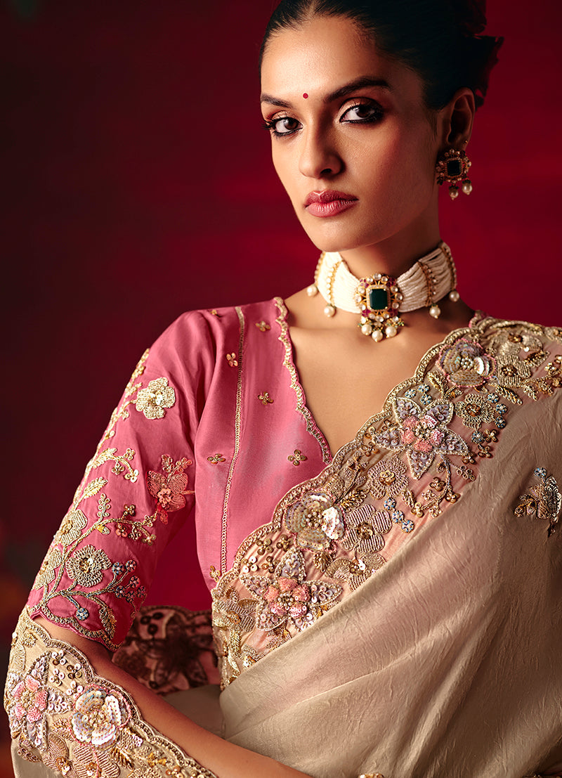 Beige Embroidered Fancy Fabric Classic Saree with Thread Work