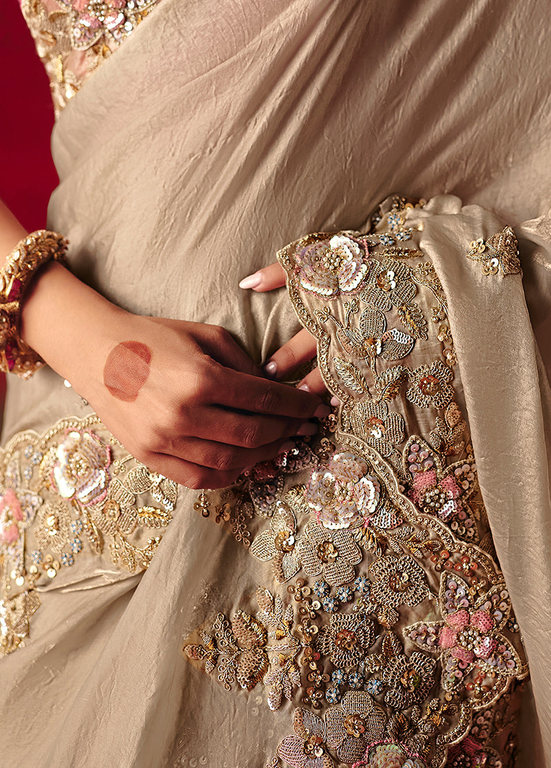 Beige Embroidered Fancy Fabric Classic Saree with Thread Work