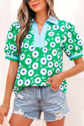 Short sleeve floral blouse with white daisies and light blue collar detail