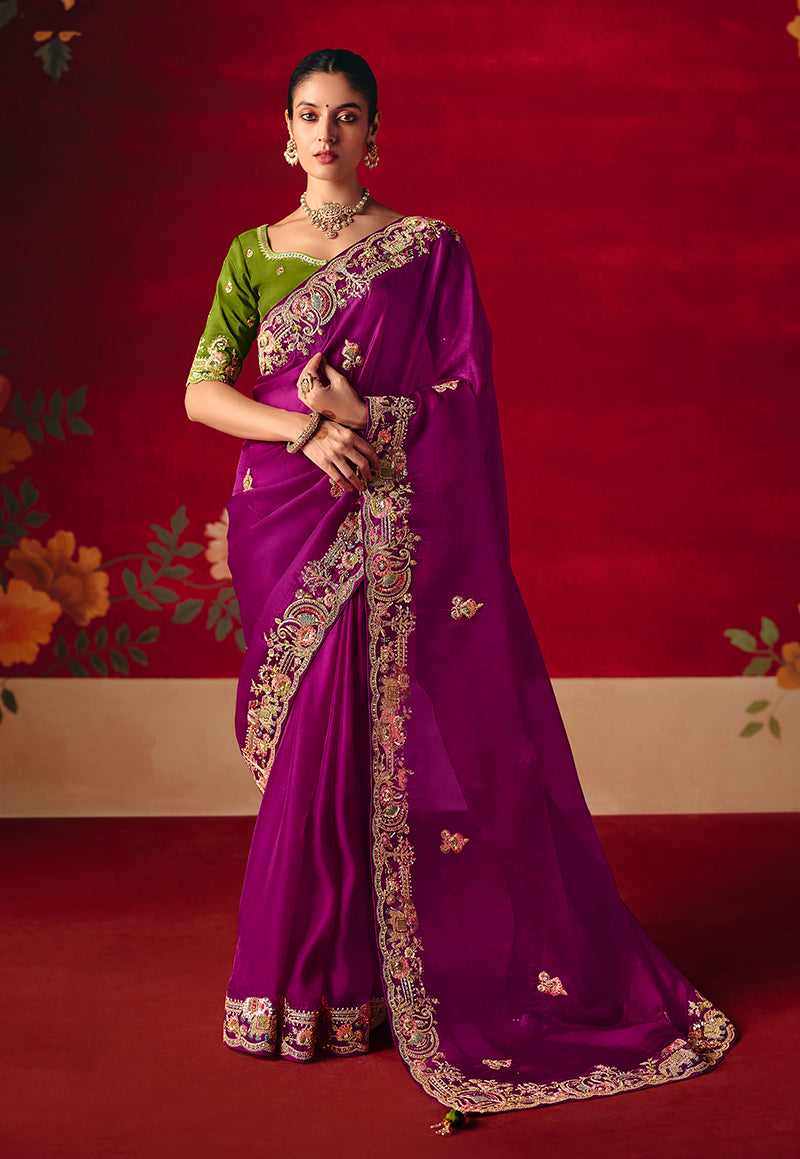 Purple fancy fabric saree with detailed embroidered thread work and sequin embellishments