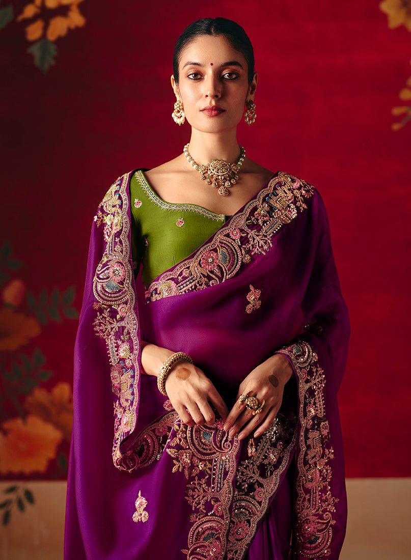 Purple Fancy Fabric Saree with Embroidered Sequins and Thread Work