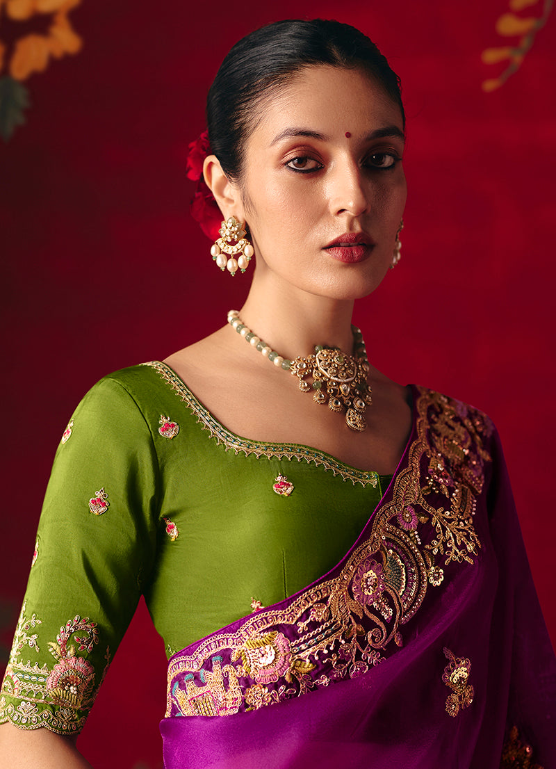 Purple Fancy Fabric Saree with Embroidered Sequins and Thread Work