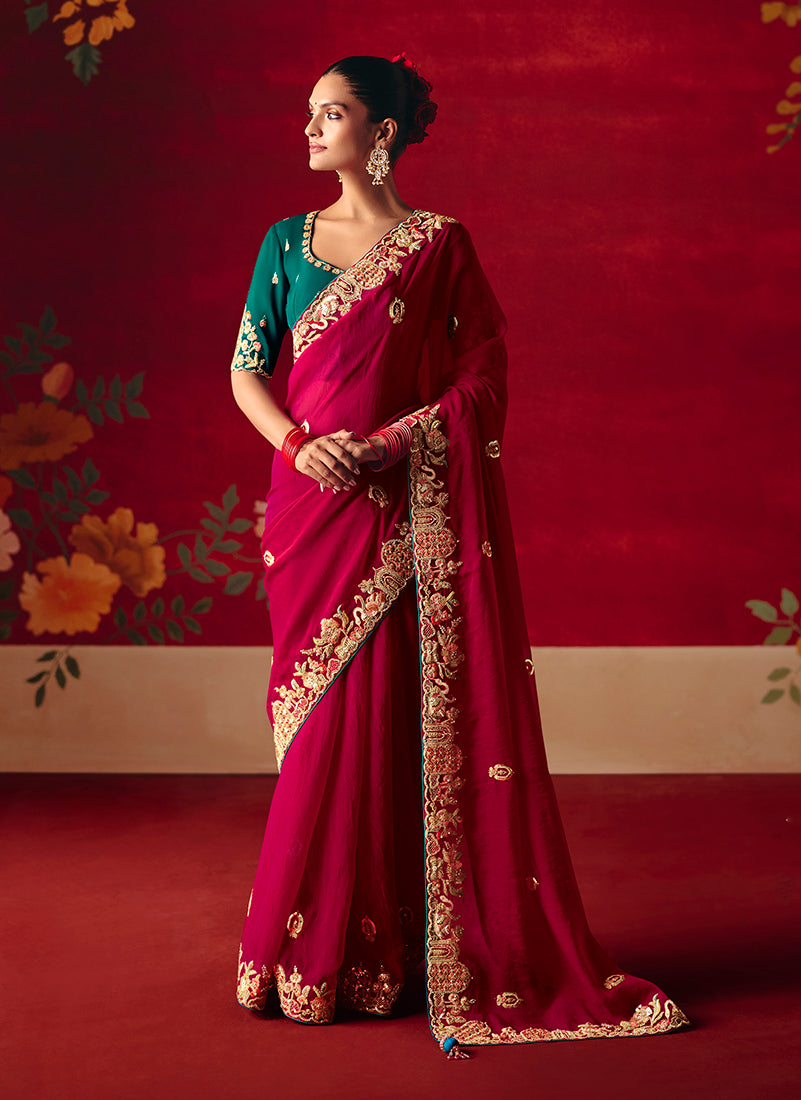 Rani Pink fancy fabric saree with detailed sequins and embroidery thread work