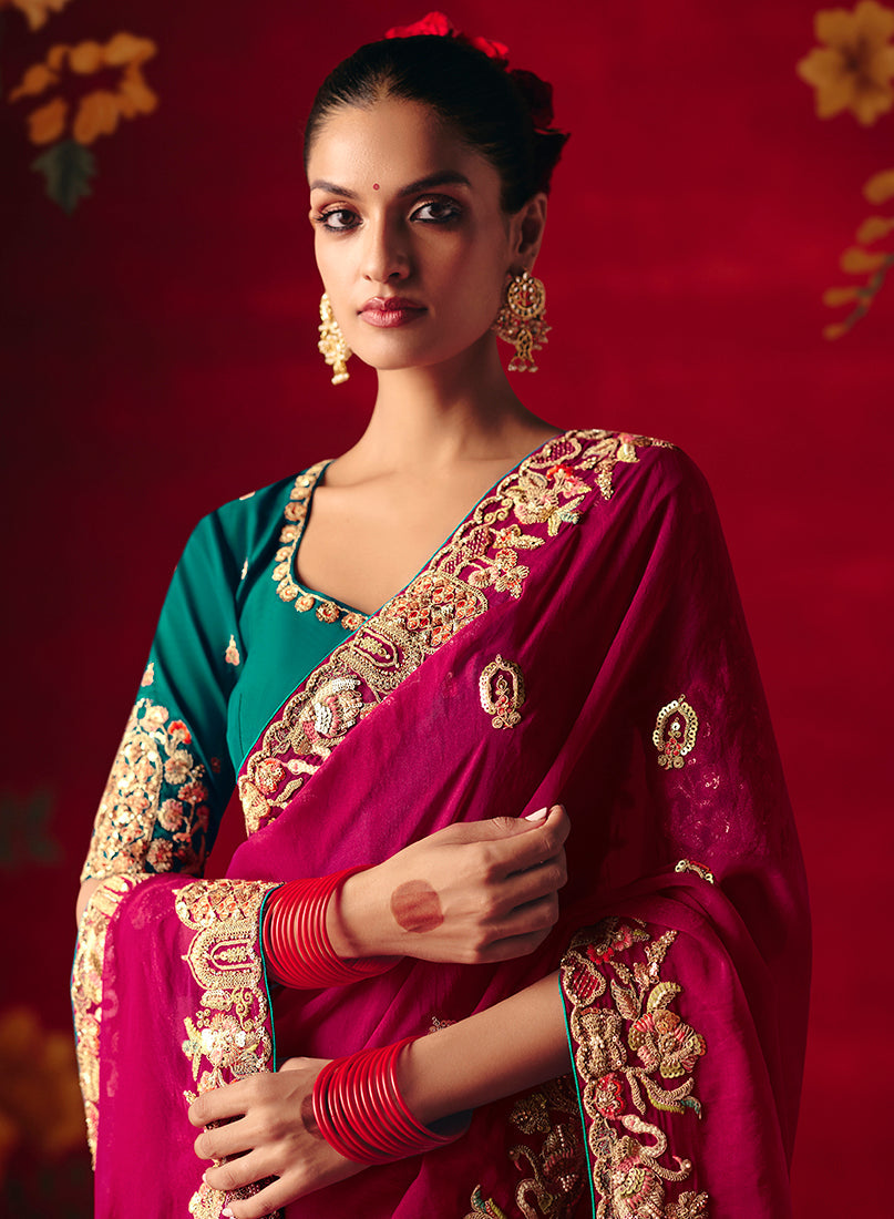 Rani Pink Fancy Embroidered Saree with Sequins and Thread Work