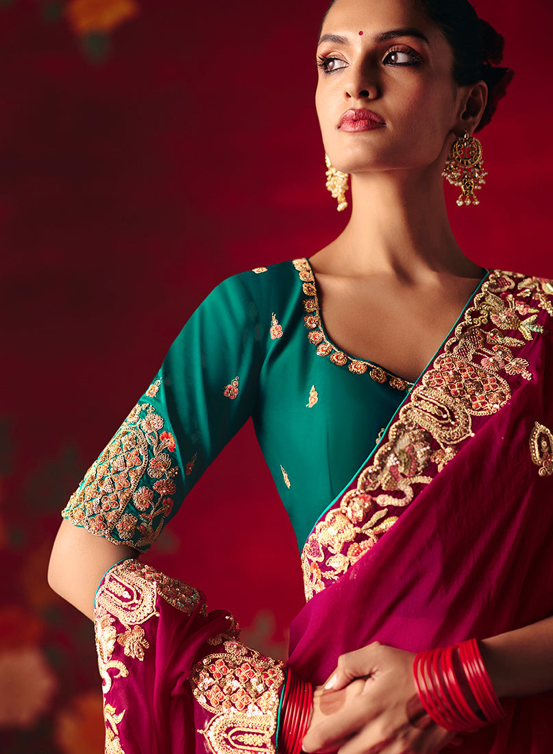 Rani Pink Fancy Embroidered Saree with Sequins and Thread Work