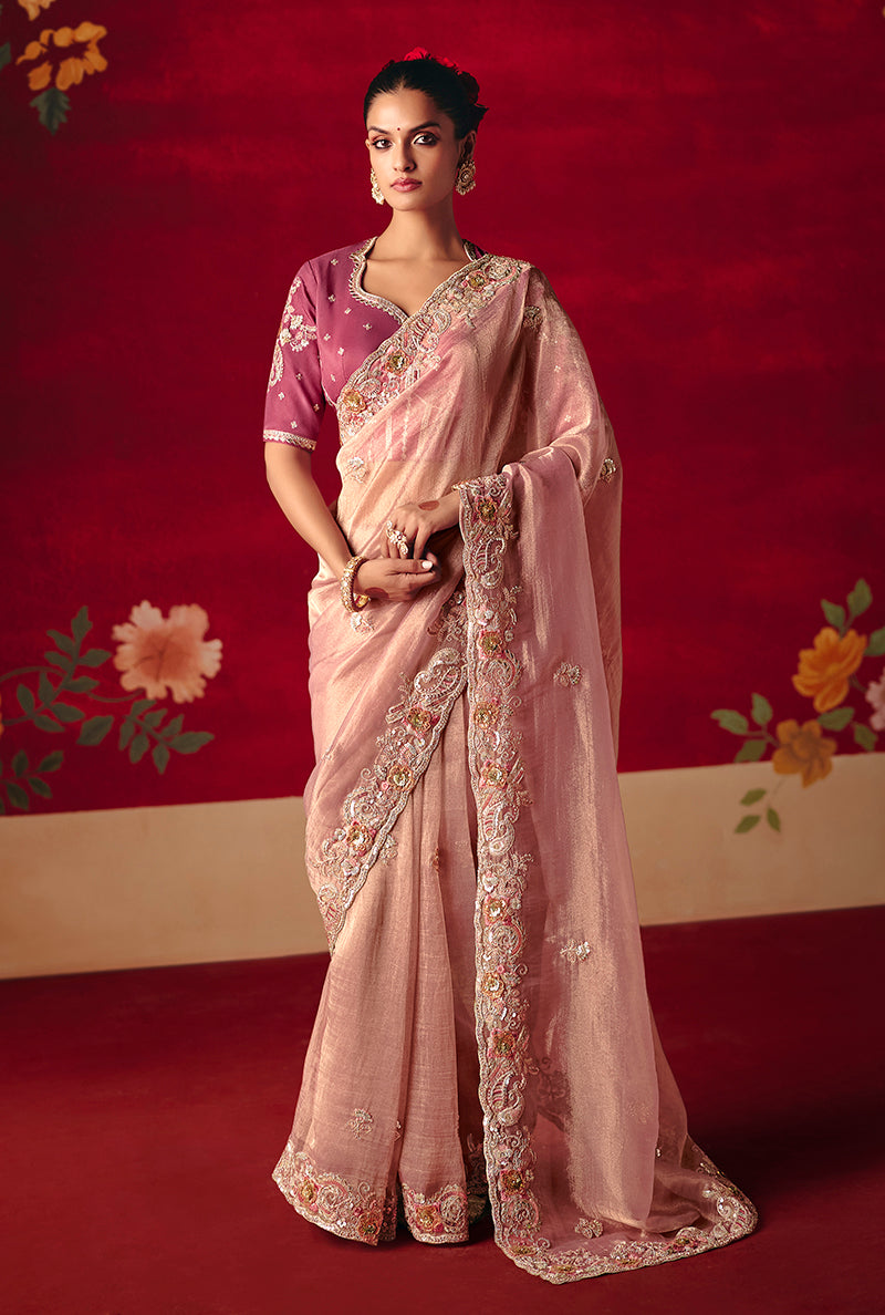 A light pink fancy fabric saree decorated with delicate embroidery and sequin details