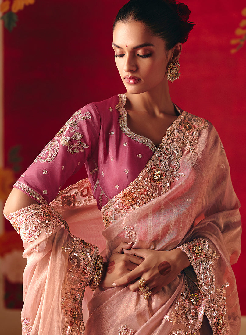 Light Pink Fancy Embroidered Thread Work Classic Saree
