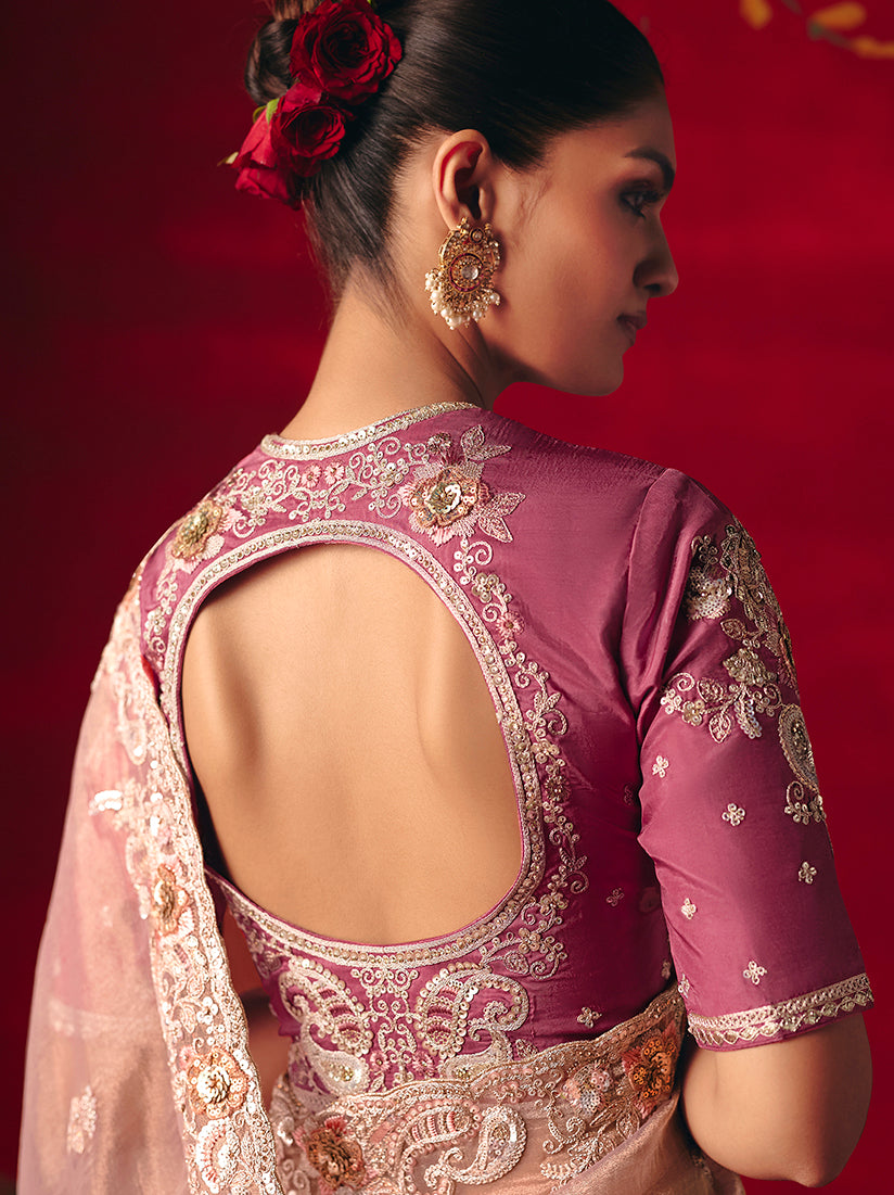 Light Pink Fancy Embroidered Thread Work Classic Saree