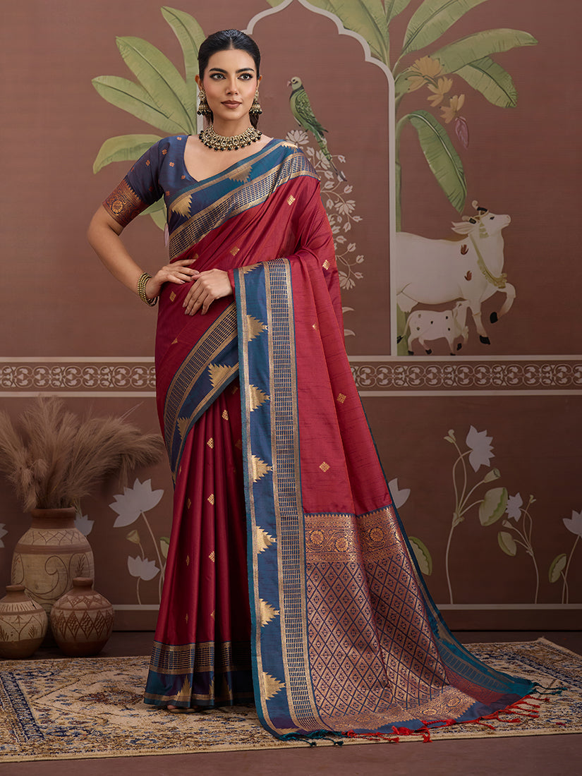 Maroon Tussar silk saree with detailed traditional weaving patterns