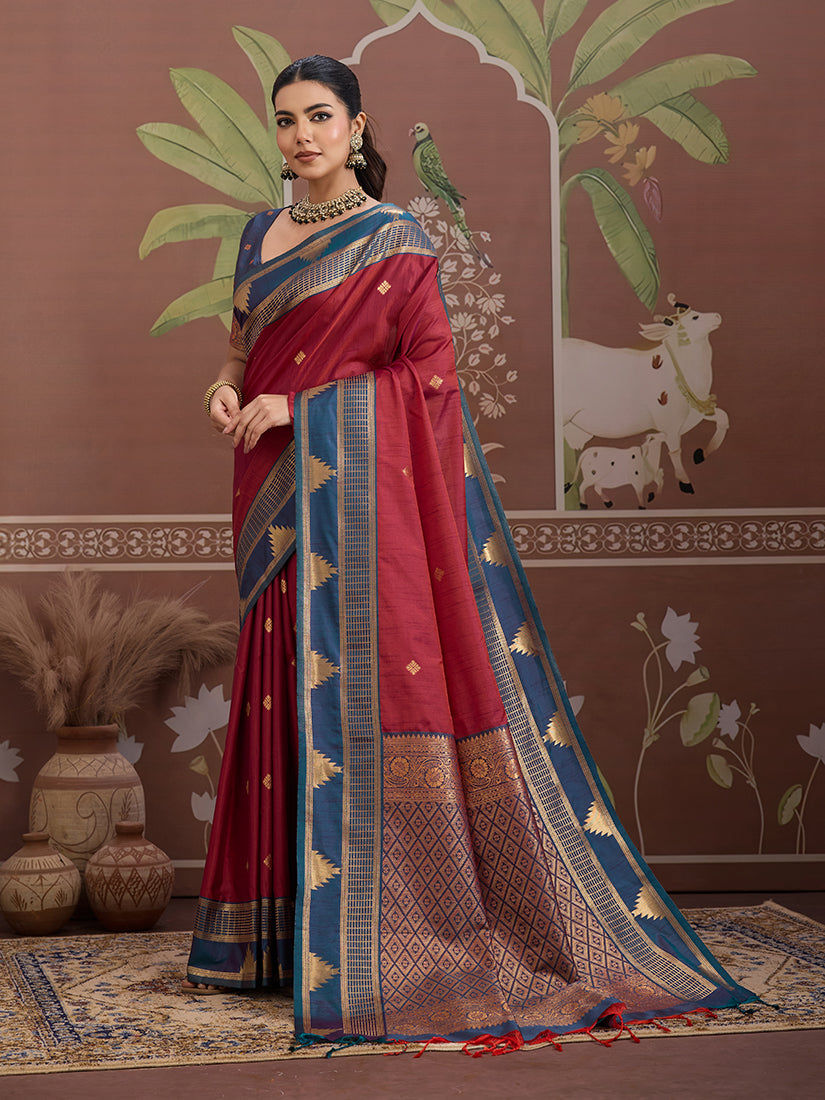 Maroon Tussar Silk Saree with Weaving Work