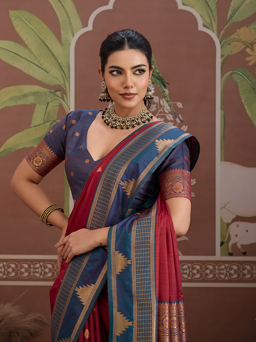 Maroon Tussar Silk Saree with Weaving Work