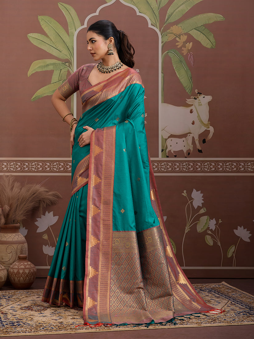 Turquoise Tussar Silk Festival Saree with Traditional Weaving