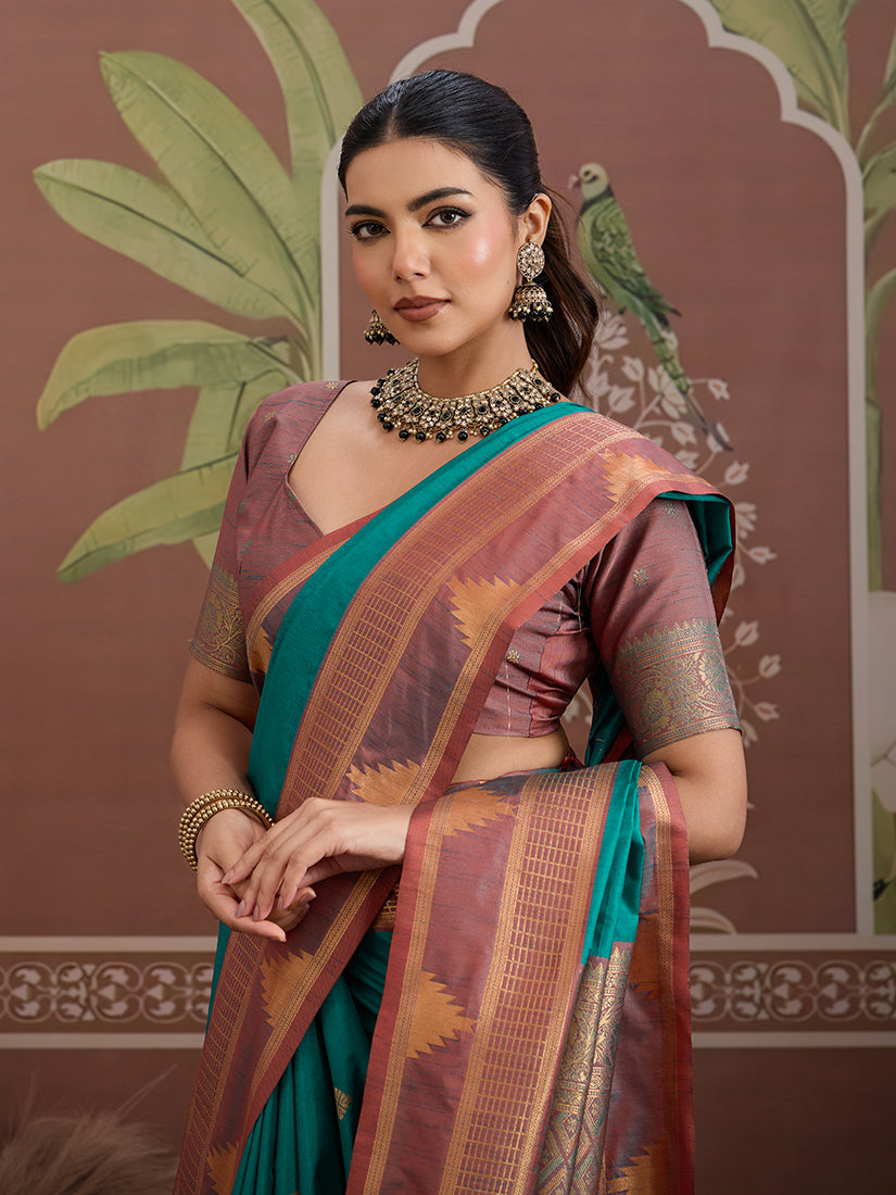 Turquoise Tussar Silk Festival Saree with Traditional Weaving