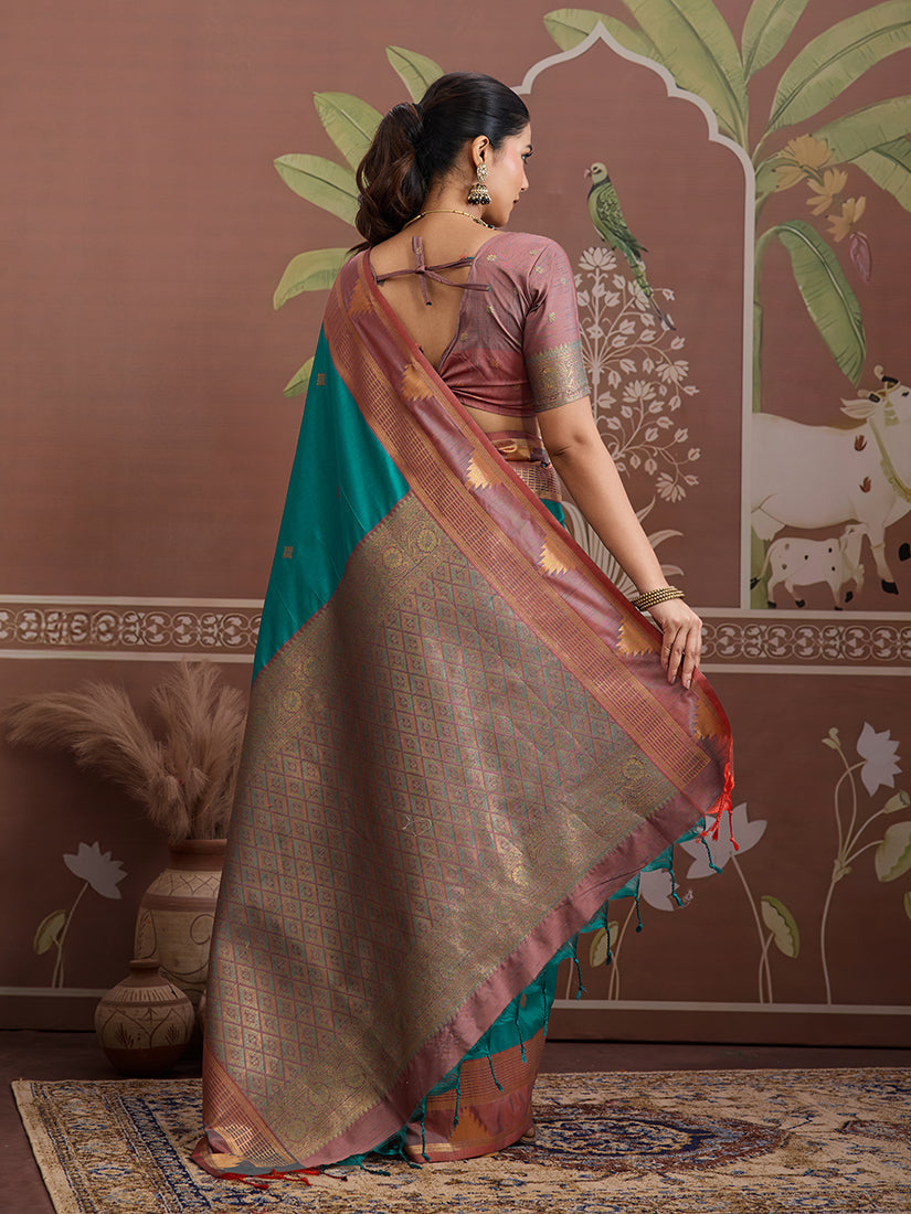 Turquoise Tussar Silk Festival Saree with Traditional Weaving