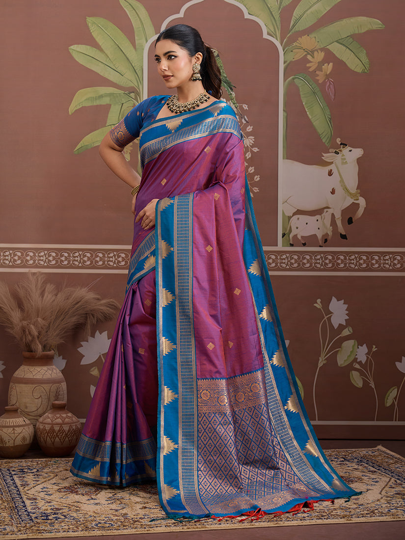 Purple Tussar Silk Contemporary Weaving Work Festival Saree