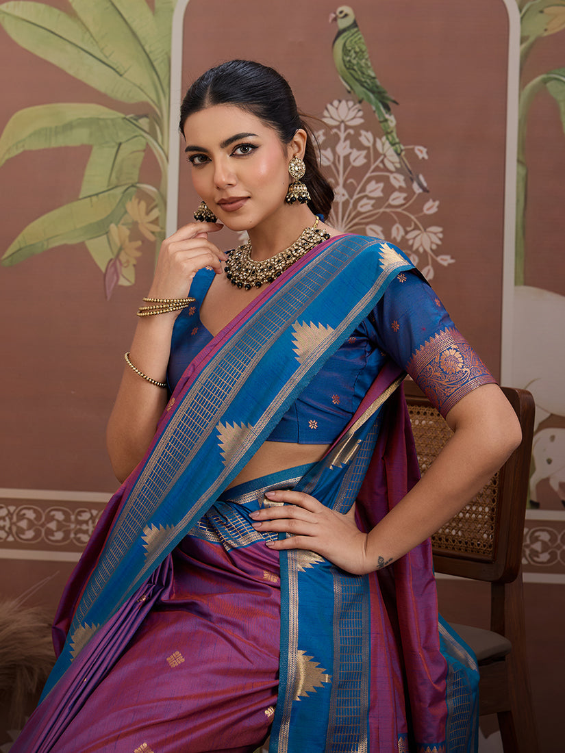 Purple Tussar Silk Contemporary Weaving Work Festival Saree