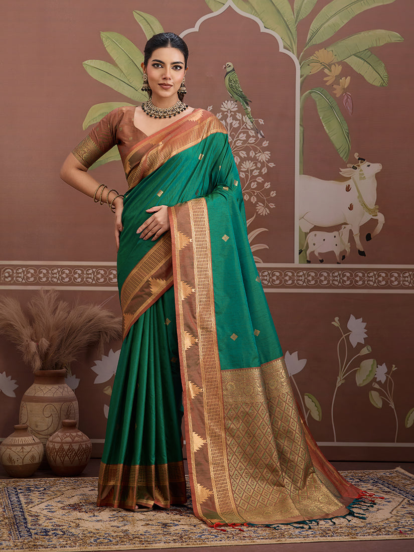 Monjolika Fashion Green Tussar silk festival saree with intricate weaving