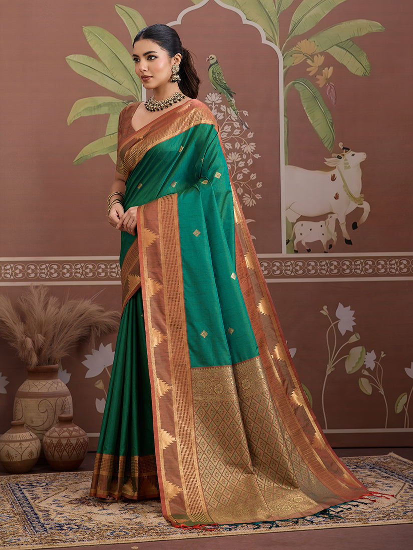 Green Tussar Silk Saree with Traditional Weaving Work