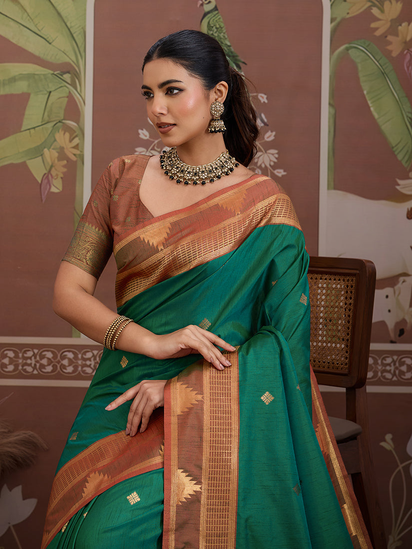 Green Tussar Silk Saree with Traditional Weaving Work