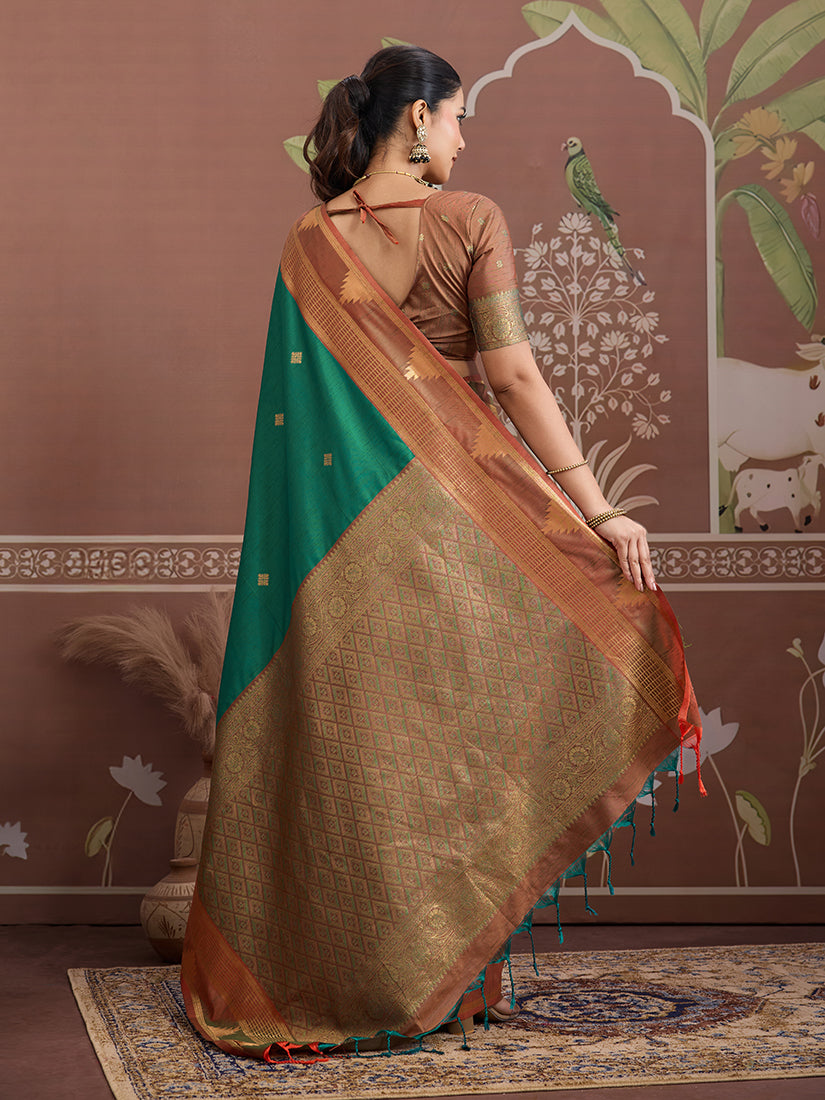 Green Tussar Silk Saree with Traditional Weaving Work
