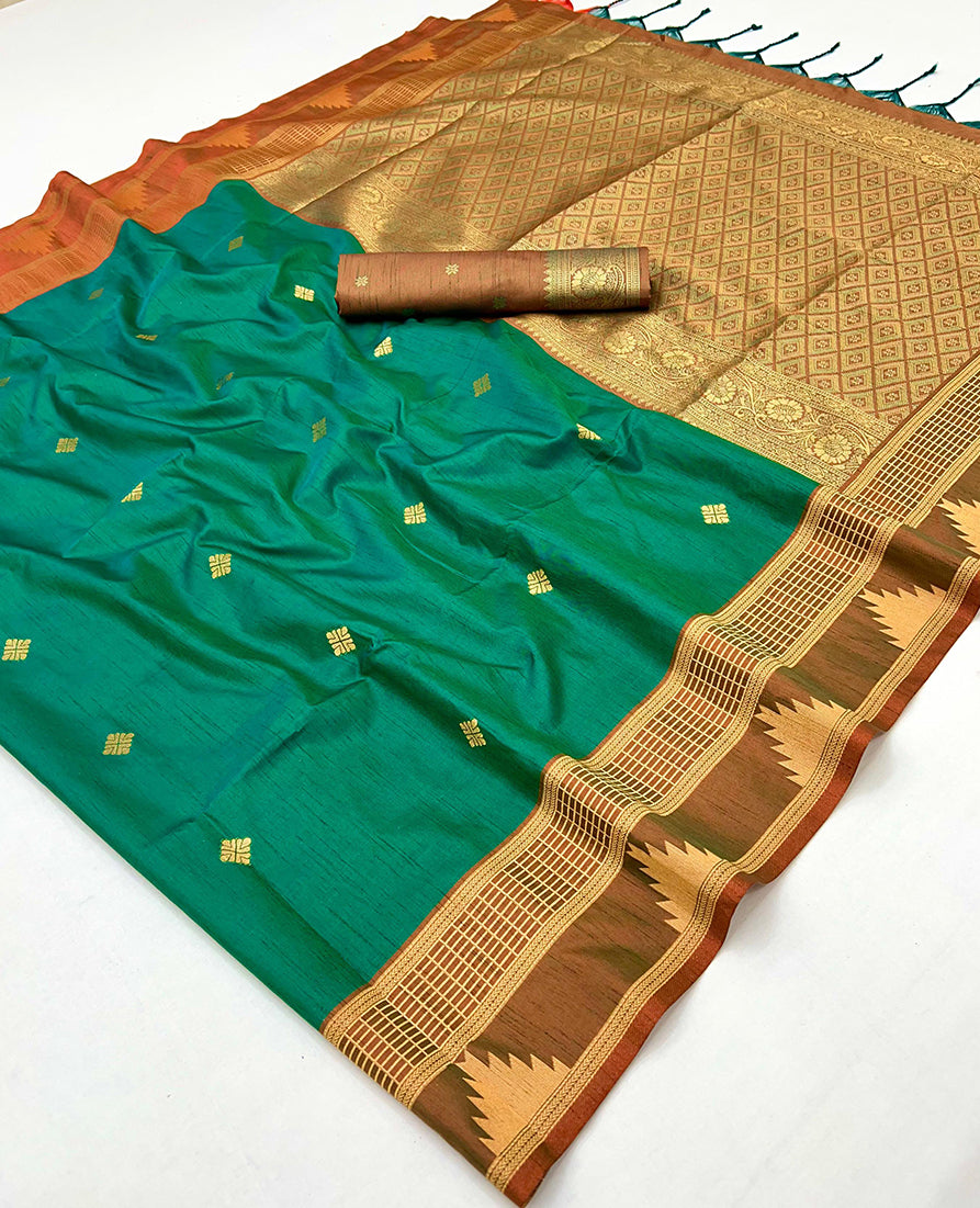 Green Tussar Silk Saree with Traditional Weaving Work