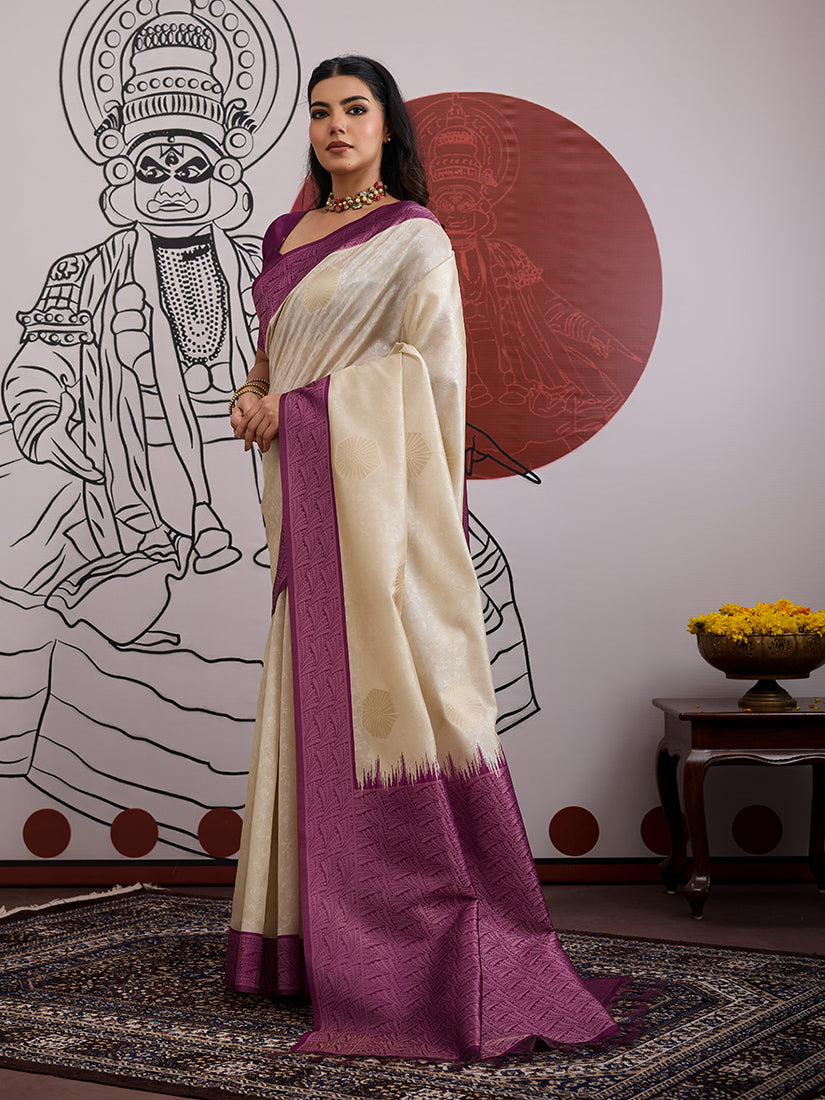 Cream and Wine Handloom Silk Blend Festival Trendy Saree