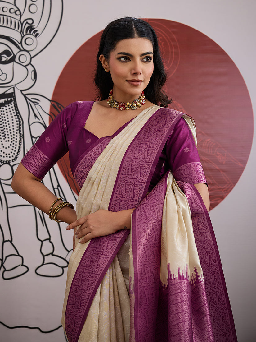 Cream and Wine Handloom Silk Blend Festival Trendy Saree