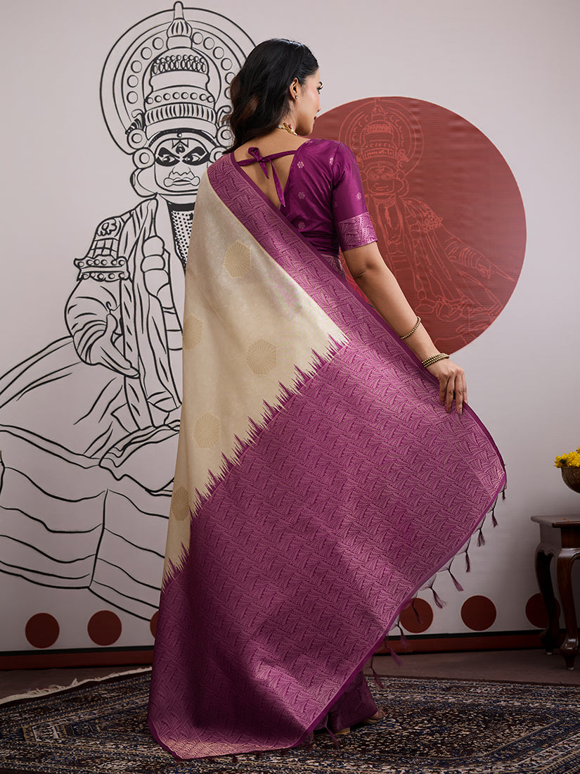 Cream and Wine Handloom Silk Blend Festival Trendy Saree