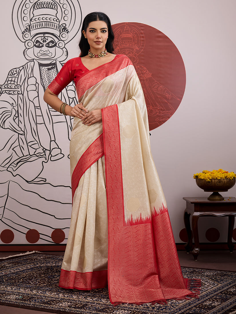 Monjolika Fashion Cream And Red Handloom Weaving Silk Blend Festival Trendy Saree