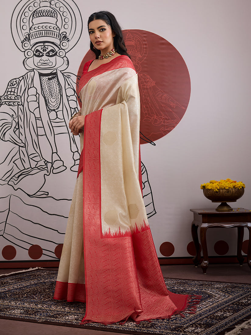 Monjolika Fashion Cream And Red Handloom Weaving Silk Blend Festival Trendy Saree