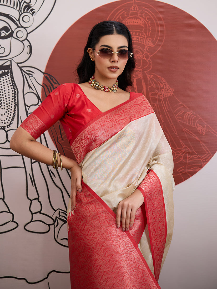 Monjolika Fashion Cream And Red Handloom Weaving Silk Blend Festival Trendy Saree