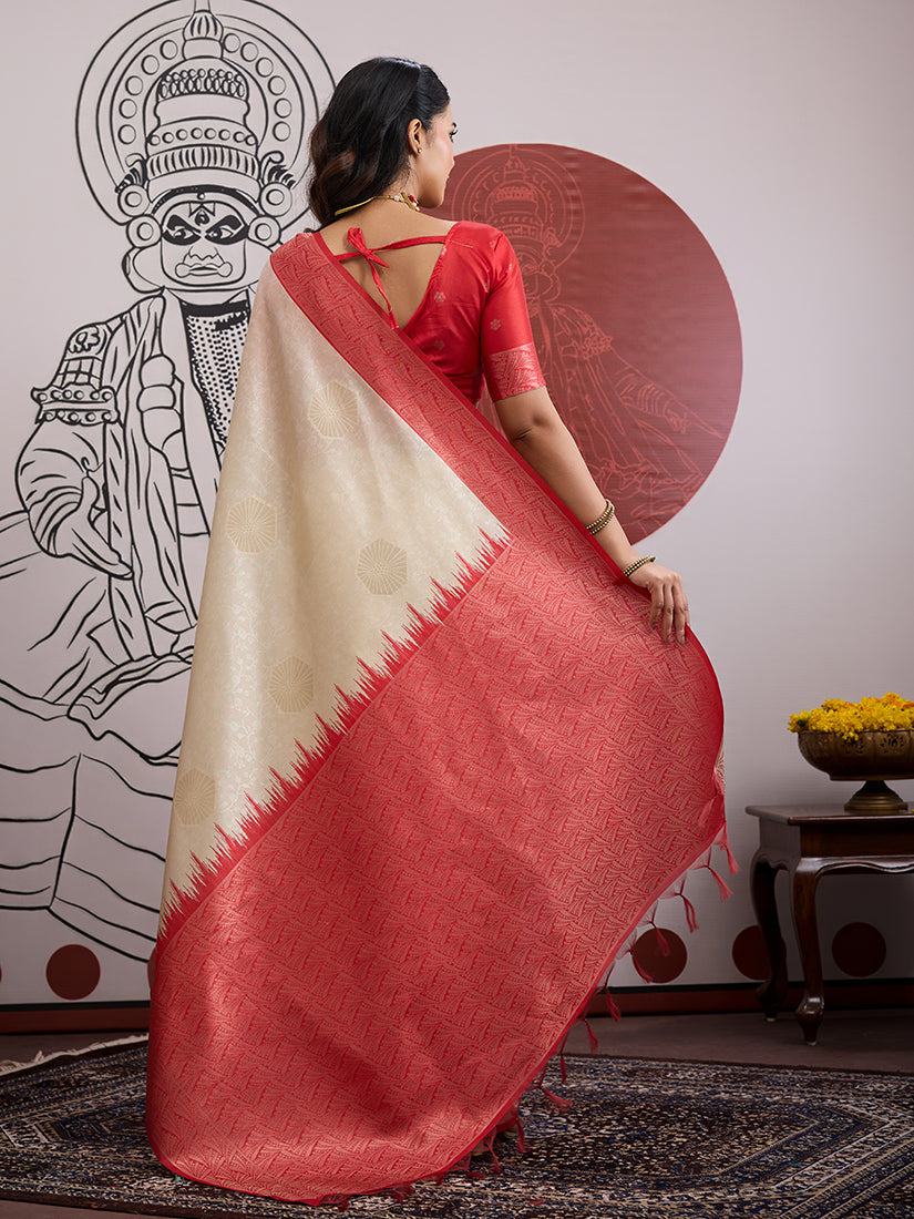 Monjolika Fashion Cream And Red Handloom Weaving Silk Blend Festival Trendy Saree