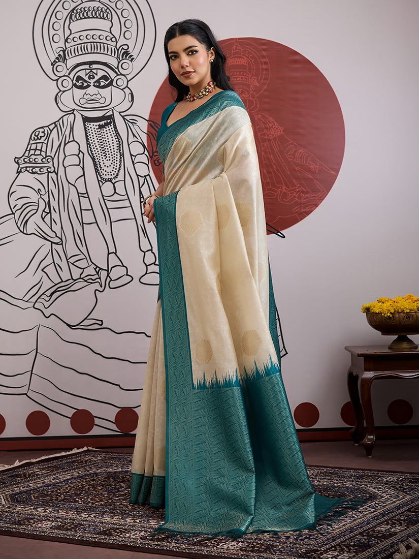 Cream and Teal Handloom Weaving Silk Blend Festival Saree