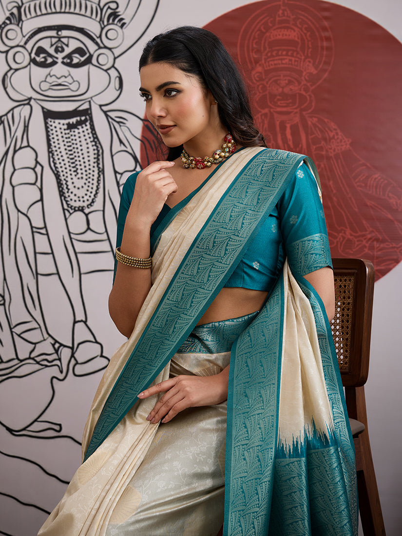 Cream and Teal Handloom Weaving Silk Blend Festival Saree