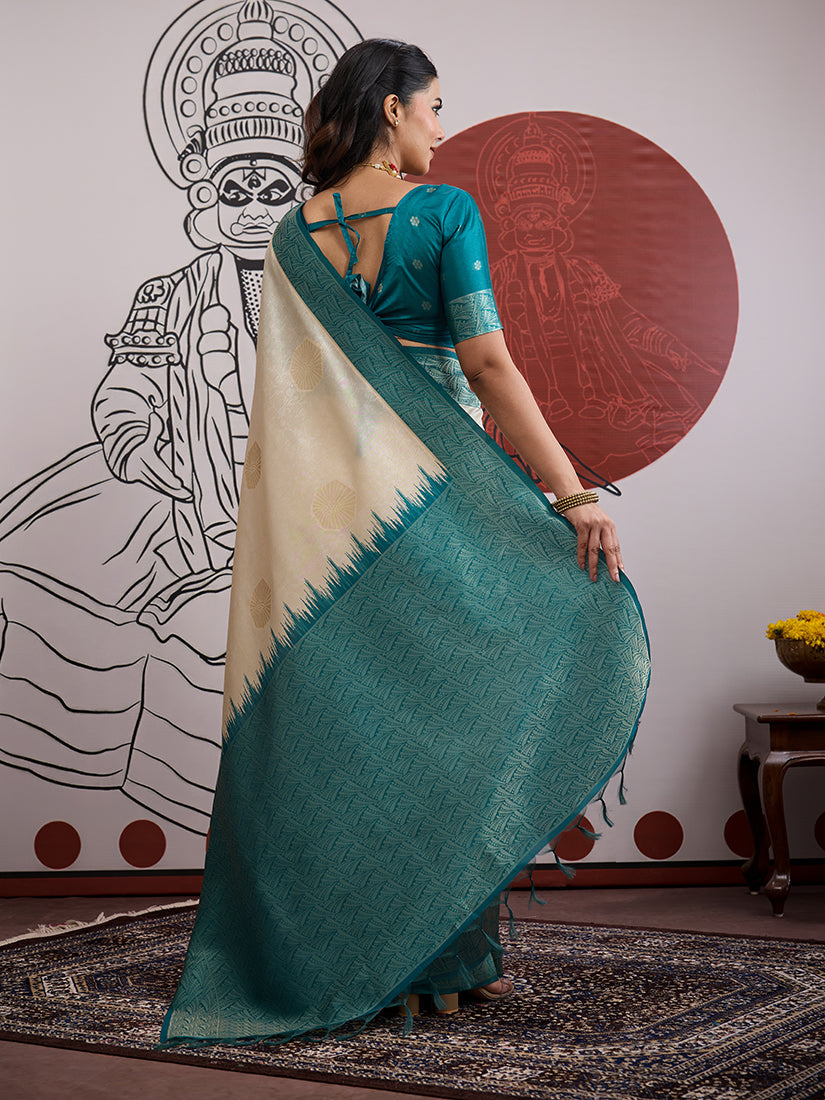 Cream and Teal Handloom Weaving Silk Blend Festival Saree