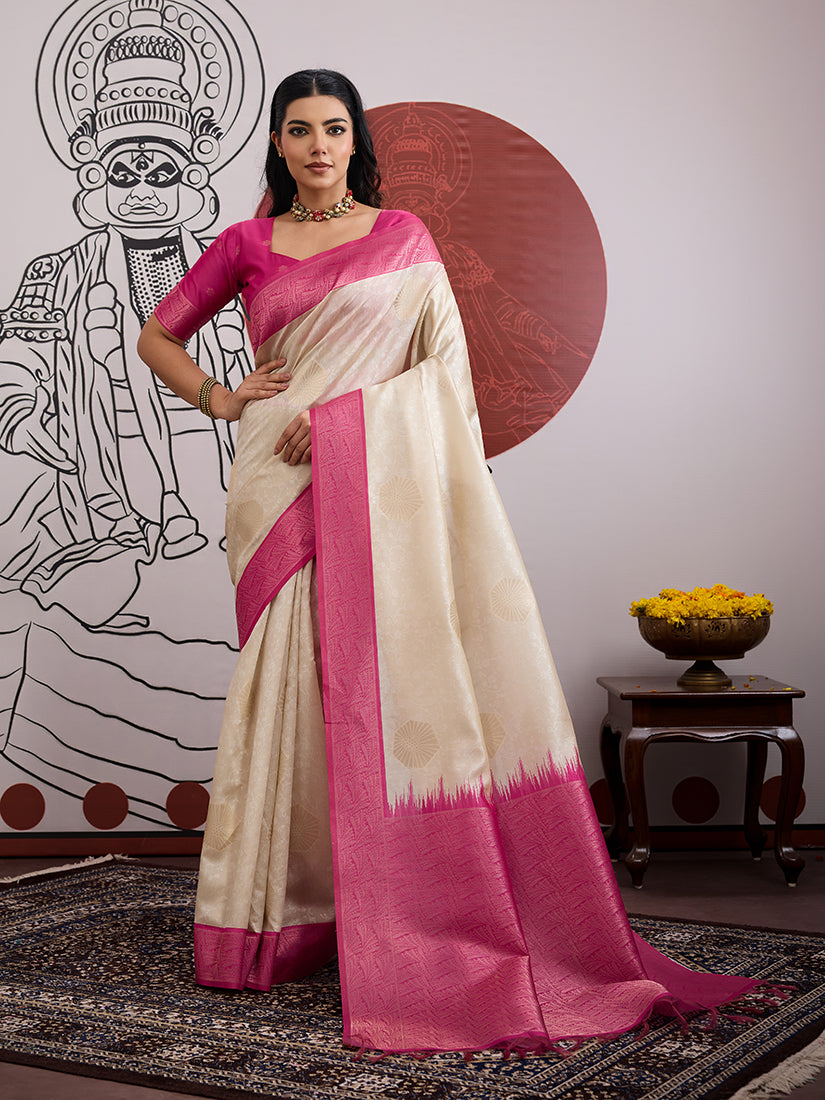Cream and rani pink handloom silk blend festival saree with intricate weaving and unstitched blouse