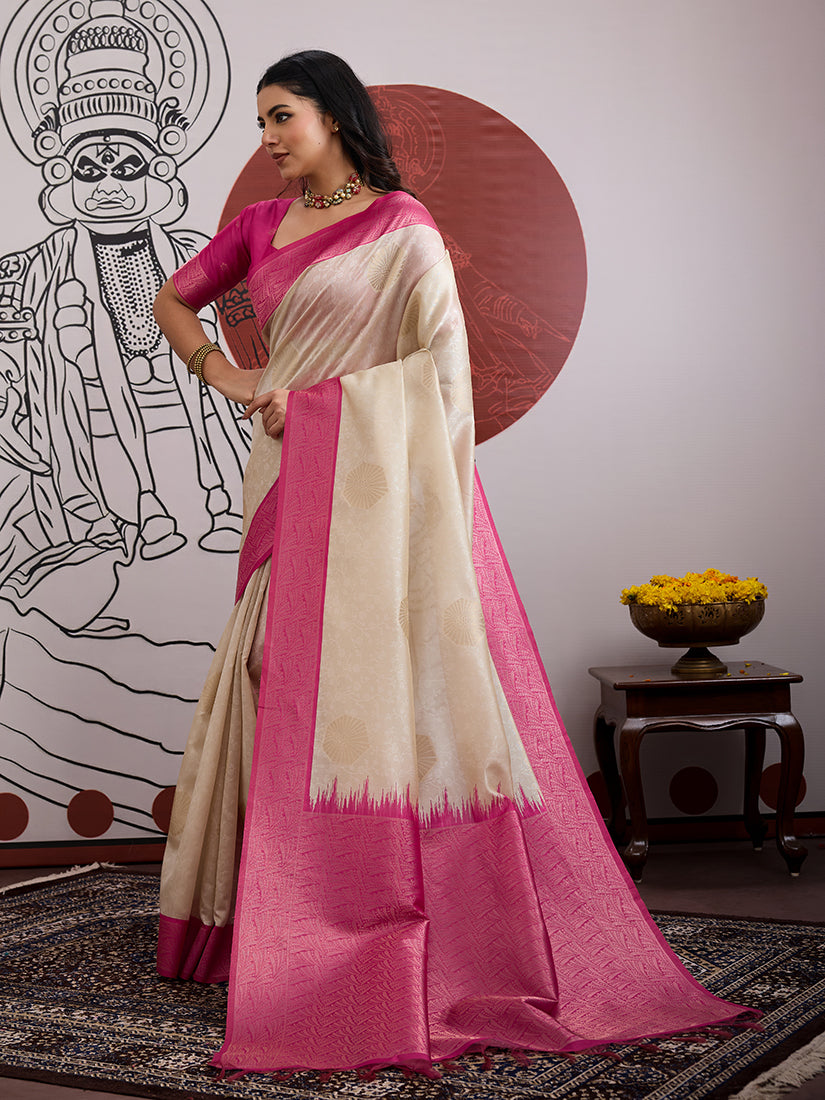 Cream and Rani Pink Handloom Silk Blend Festival Trendy Saree