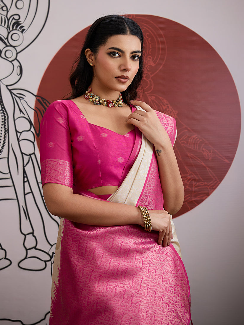 Cream and Rani Pink Handloom Silk Blend Festival Trendy Saree