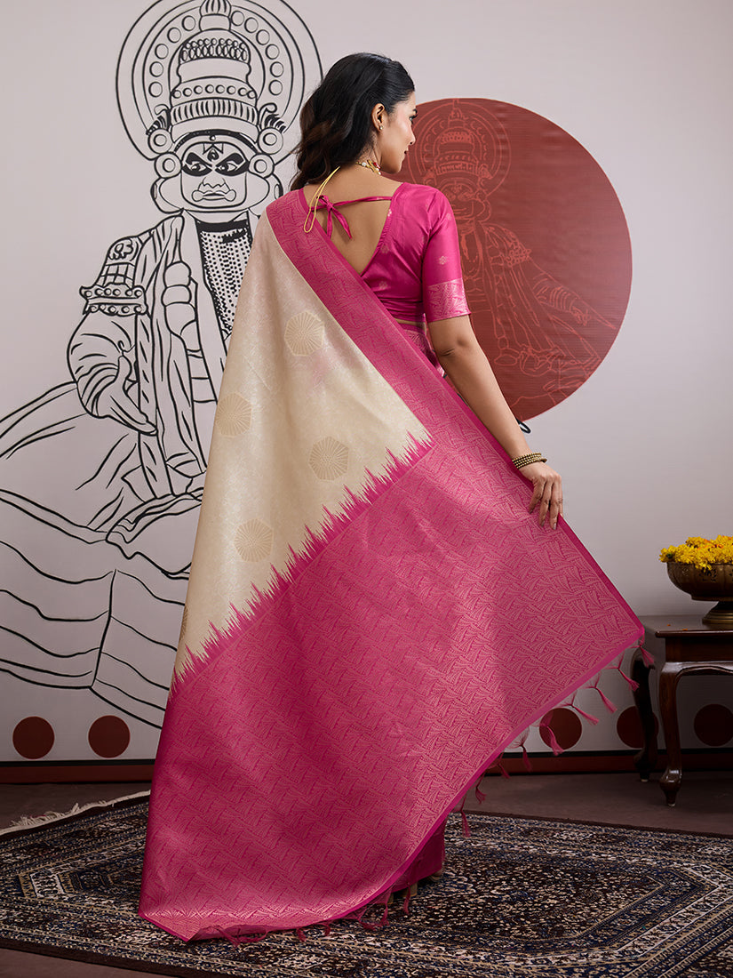 Cream and Rani Pink Handloom Silk Blend Festival Trendy Saree