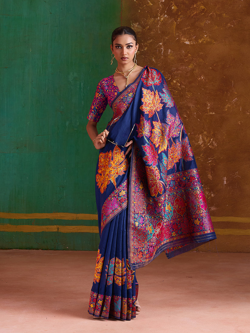 Navy Blue Cotton Blend Weaving Contemporary Saree