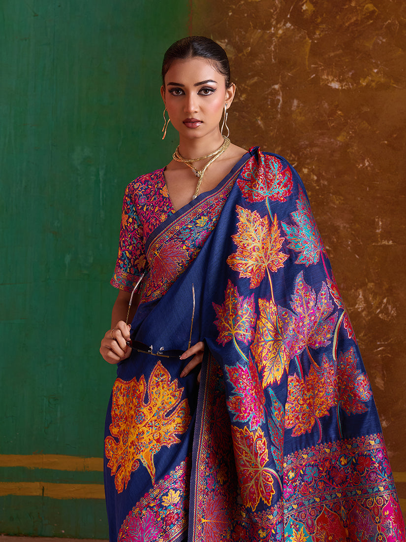 Navy Blue Cotton Blend Weaving Contemporary Saree