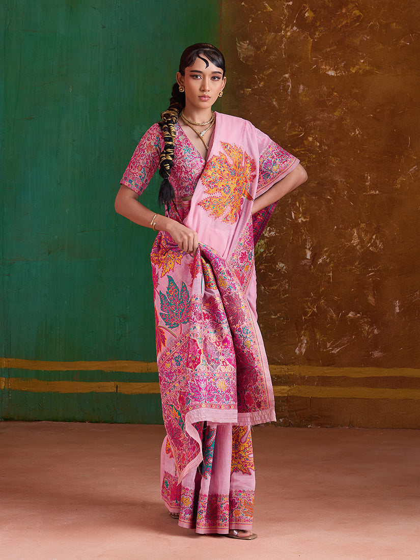 Pink Cotton Blend Contemporary Saree with Matching Blouse