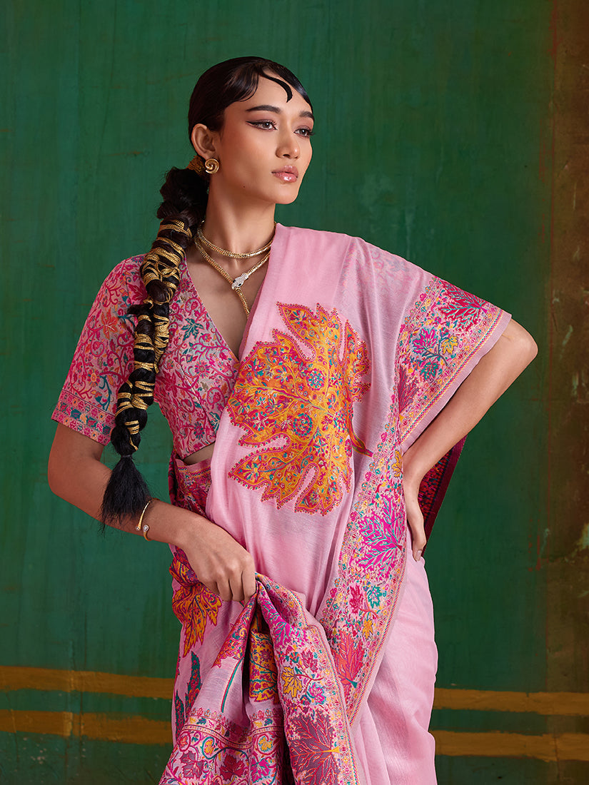 Pink Cotton Blend Contemporary Saree with Matching Blouse