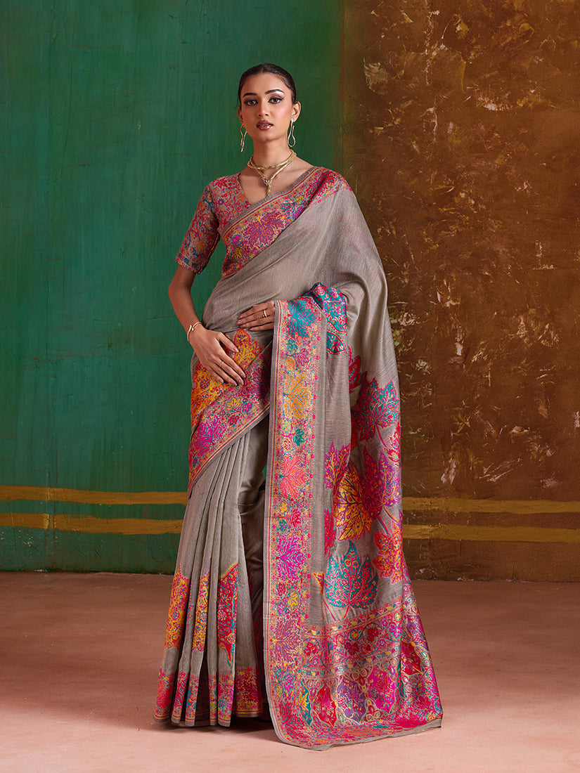 Monjolika Fashion Grey Cotton Blend Weaving Contemporary Saree