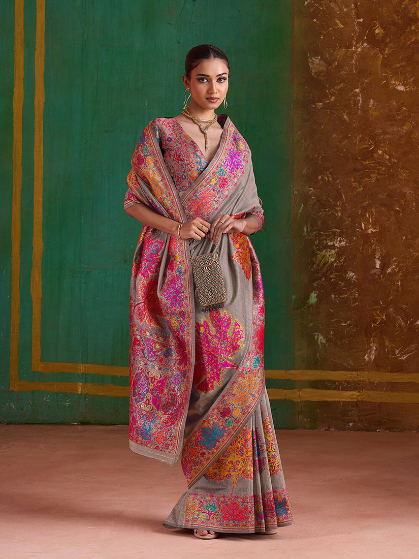Monjolika Fashion Grey Cotton Blend Weaving Contemporary Saree